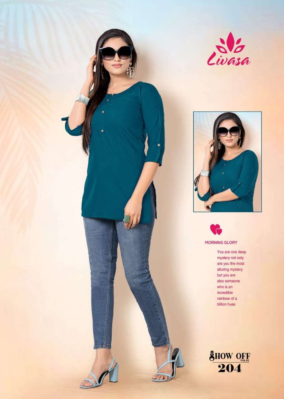 Show Off Vol-2 By Livasa 201 To 210 Series Beautiful Stylish Fancy Colorful Casual Wear & Ethnic Wear Rayon Tops At Wholesale Price