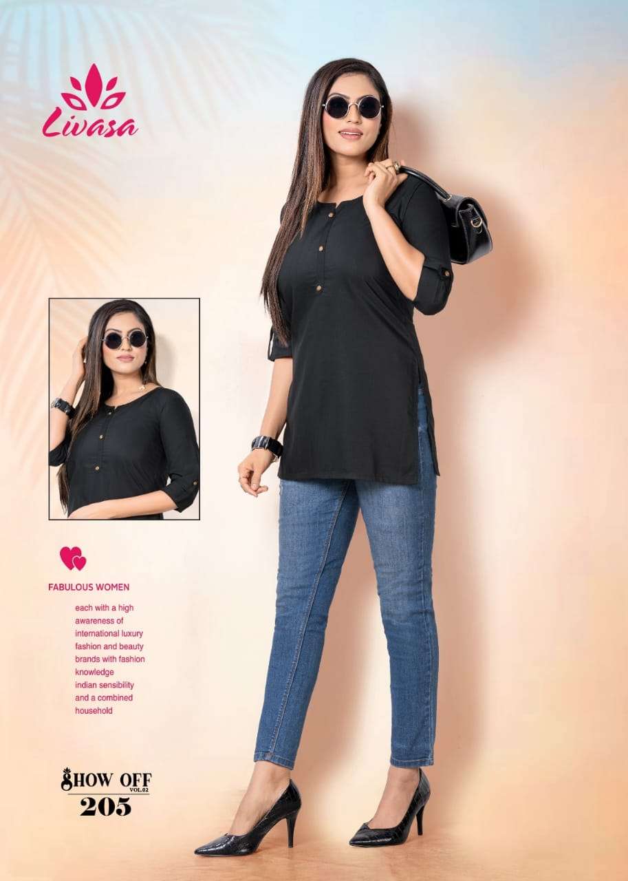 Show Off Vol-2 By Livasa 201 To 210 Series Beautiful Stylish Fancy Colorful Casual Wear & Ethnic Wear Rayon Tops At Wholesale Price