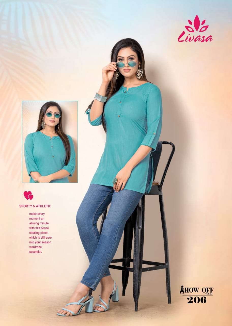 Show Off Vol-2 By Livasa 201 To 210 Series Beautiful Stylish Fancy Colorful Casual Wear & Ethnic Wear Rayon Tops At Wholesale Price