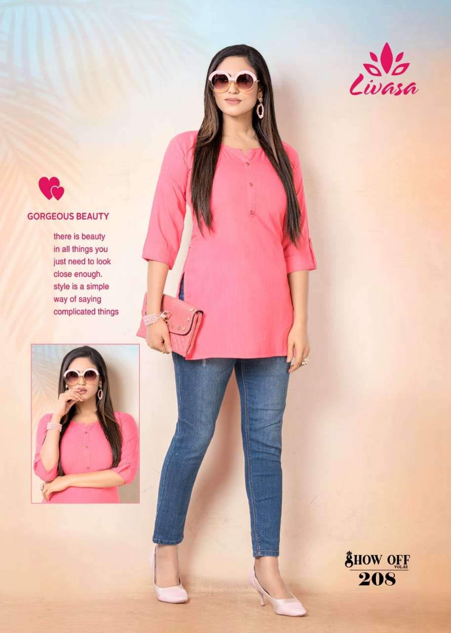 Show Off Vol-2 By Livasa 201 To 210 Series Beautiful Stylish Fancy Colorful Casual Wear & Ethnic Wear Rayon Tops At Wholesale Price
