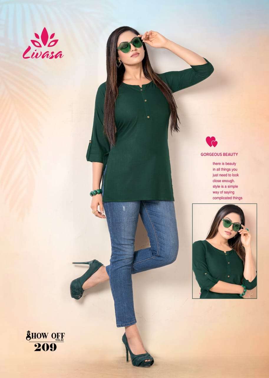 Show Off Vol-2 By Livasa 201 To 210 Series Beautiful Stylish Fancy Colorful Casual Wear & Ethnic Wear Rayon Tops At Wholesale Price