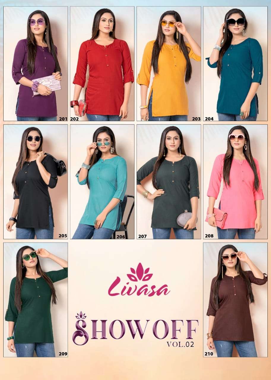Show Off Vol-2 By Livasa 201 To 210 Series Beautiful Stylish Fancy Colorful Casual Wear & Ethnic Wear Rayon Tops At Wholesale Price