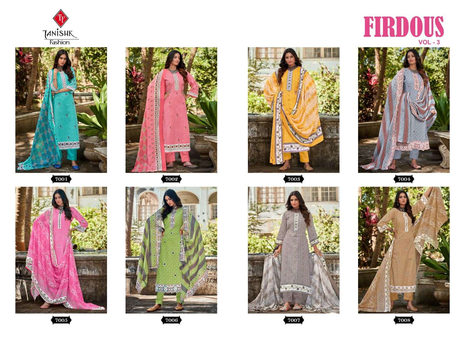 Firdous Vol-3 By Tanishk Fashion 7001 To 7008 Series Beautiful Stylish Festive Suits Fancy Colorful Casual Wear & Ethnic Wear & Ready To Wear Pure Cotton Print Dresses At Wholesale Price