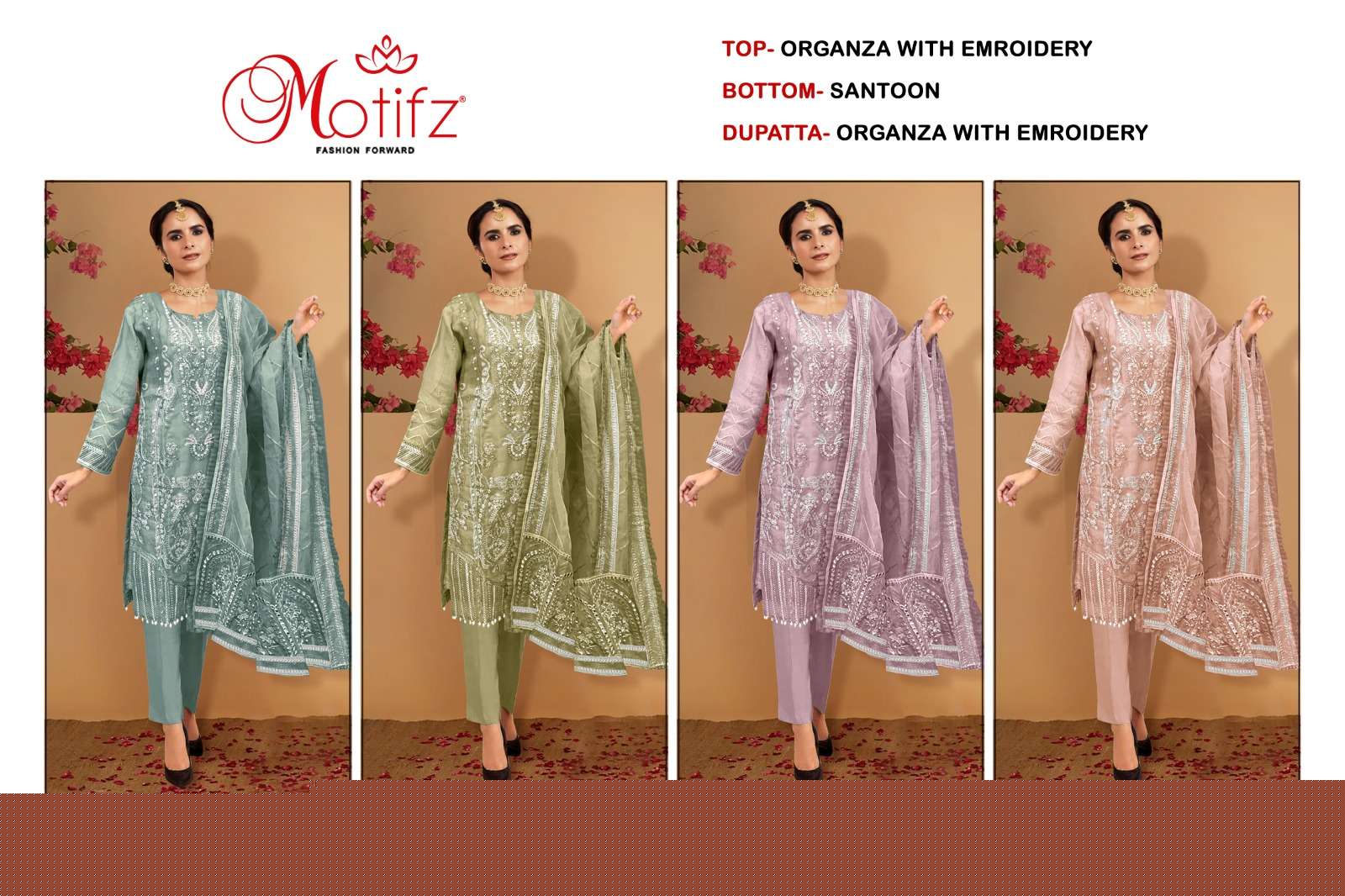 Motifz Hit Design 295 Colours By Motifz 295-A To 295-D Series Designer Pakistani Suits Beautiful Fancy Colorful Stylish Party Wear & Occasional Wear Organza With Embroidery Dresses At Wholesale Price