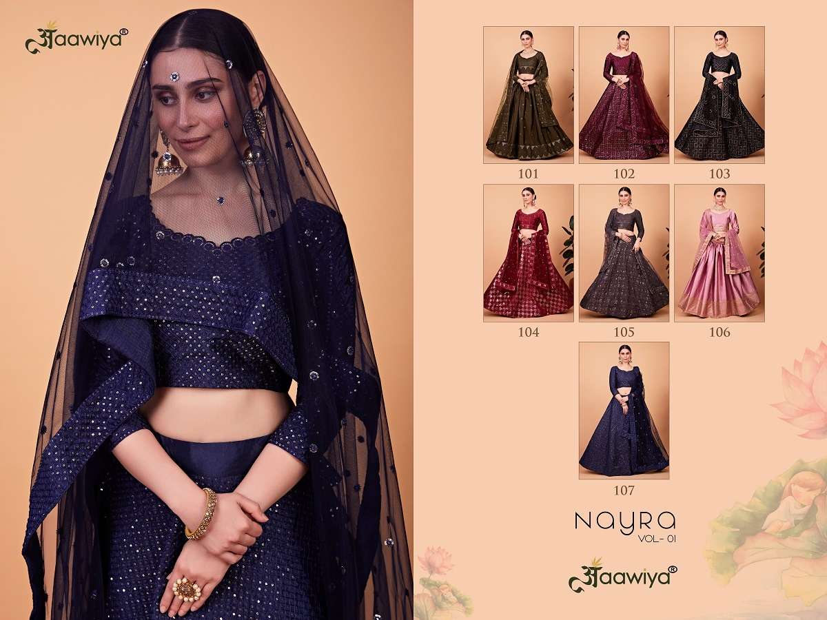 Nayra Vol-1 By Aawiya 101 To 107 Series Designer Beautiful Wedding Collection Occasional Wear & Party Wear Tabby Silk Lehengas At Wholesale Price