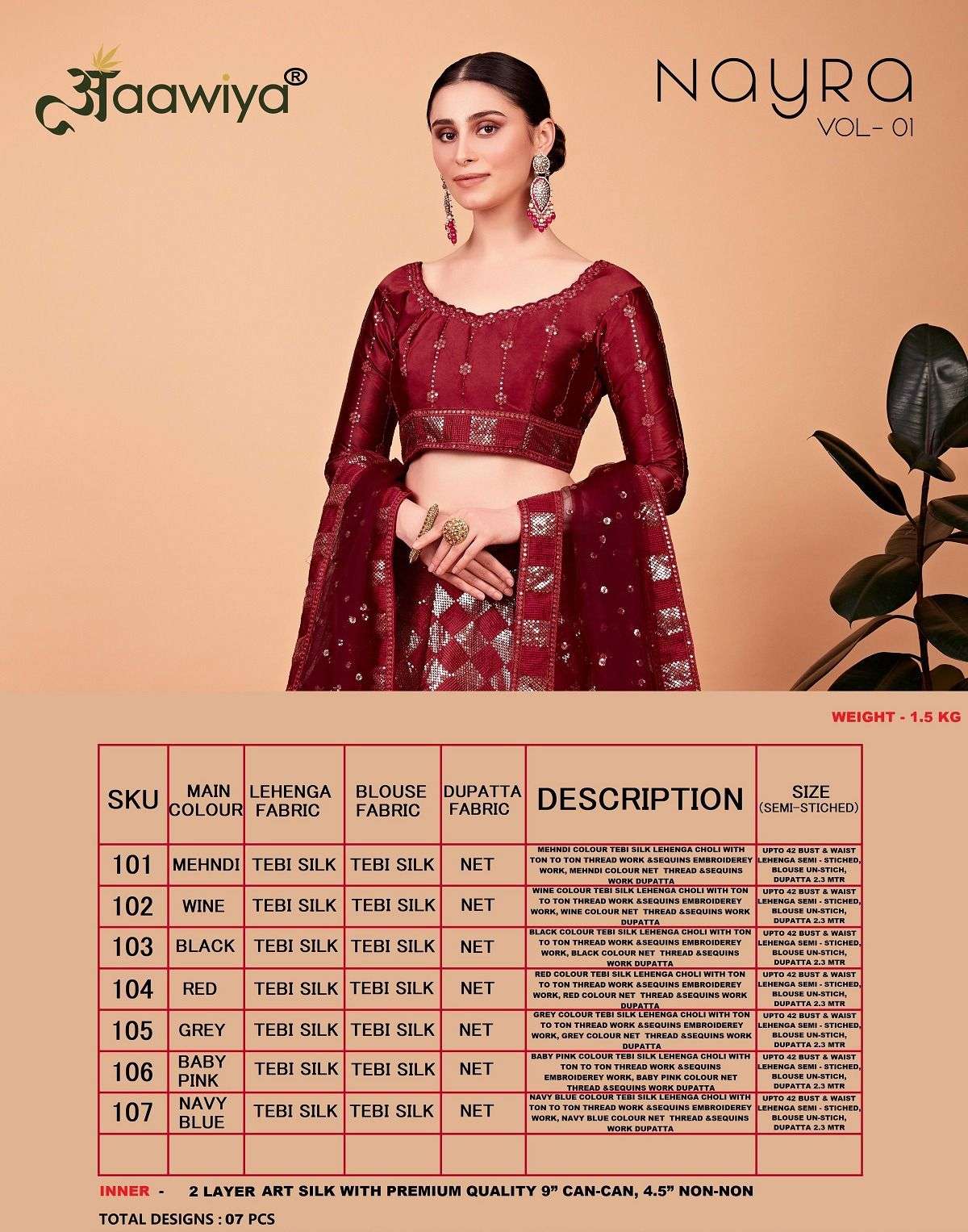 Nayra Vol-1 By Aawiya 101 To 107 Series Designer Beautiful Wedding Collection Occasional Wear & Party Wear Tabby Silk Lehengas At Wholesale Price