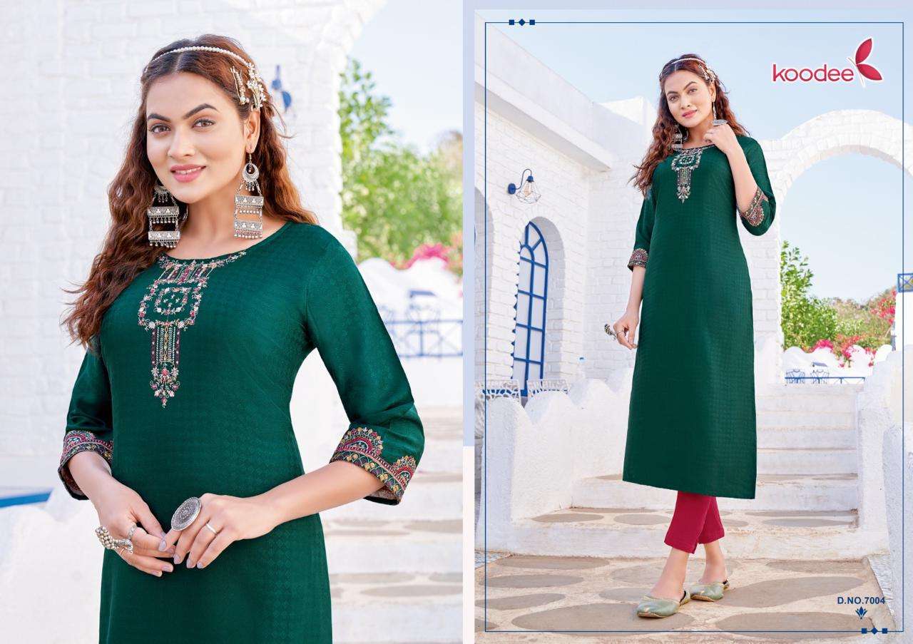 Raas Vol-1 By Koodee 7001 To 7006 Series Beautiful Stylish Fancy Colorful Casual Wear & Ethnic Wear Rayon Embroidered Kurtis At Wholesale Price