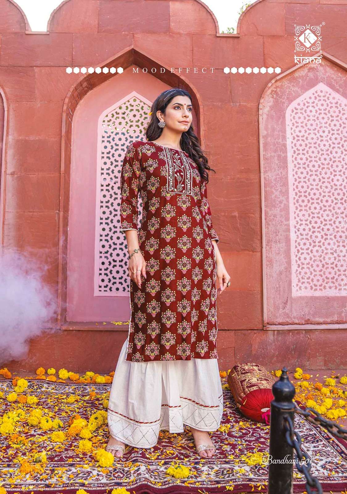 Bandhani Vol-5 By Kiana 501 To 507 Series Designer Stylish Fancy Colorful Beautiful Party Wear & Ethnic Wear Collection Heavy Rayon Kurtis With Bottom At Wholesale Price