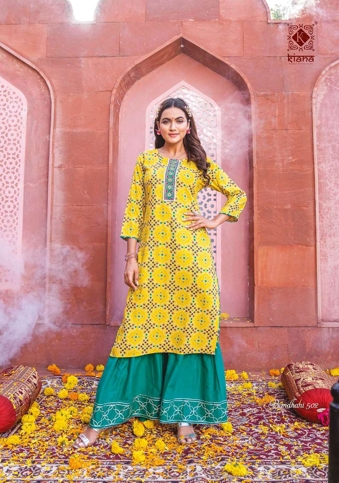 Bandhani Vol-5 By Kiana 501 To 507 Series Designer Stylish Fancy Colorful Beautiful Party Wear & Ethnic Wear Collection Heavy Rayon Kurtis With Bottom At Wholesale Price
