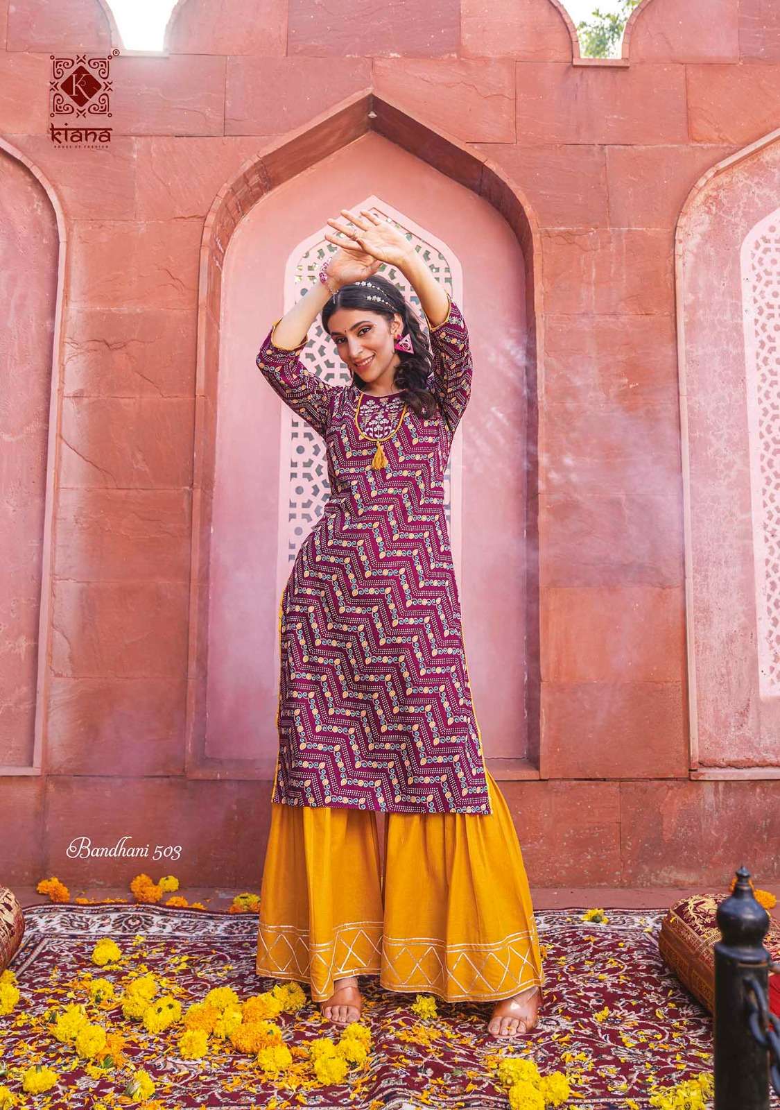 Bandhani Vol-5 By Kiana 501 To 507 Series Designer Stylish Fancy Colorful Beautiful Party Wear & Ethnic Wear Collection Heavy Rayon Kurtis With Bottom At Wholesale Price