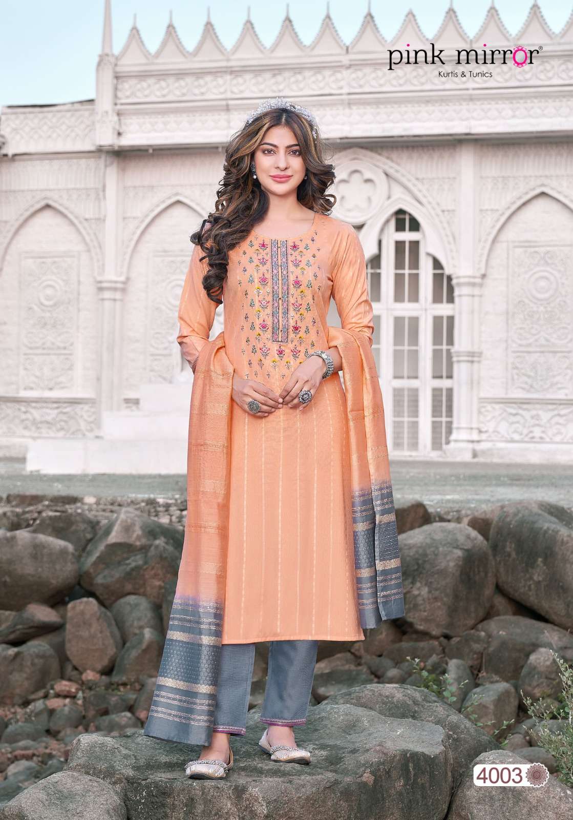 Moment By Pink Mirror 4001 To 4006 Series Designer Sharara Suits Collection Beautiful Stylish Fancy Colorful Party Wear & Occasional Wear Viscose Embroidered Dresses At Wholesale Price