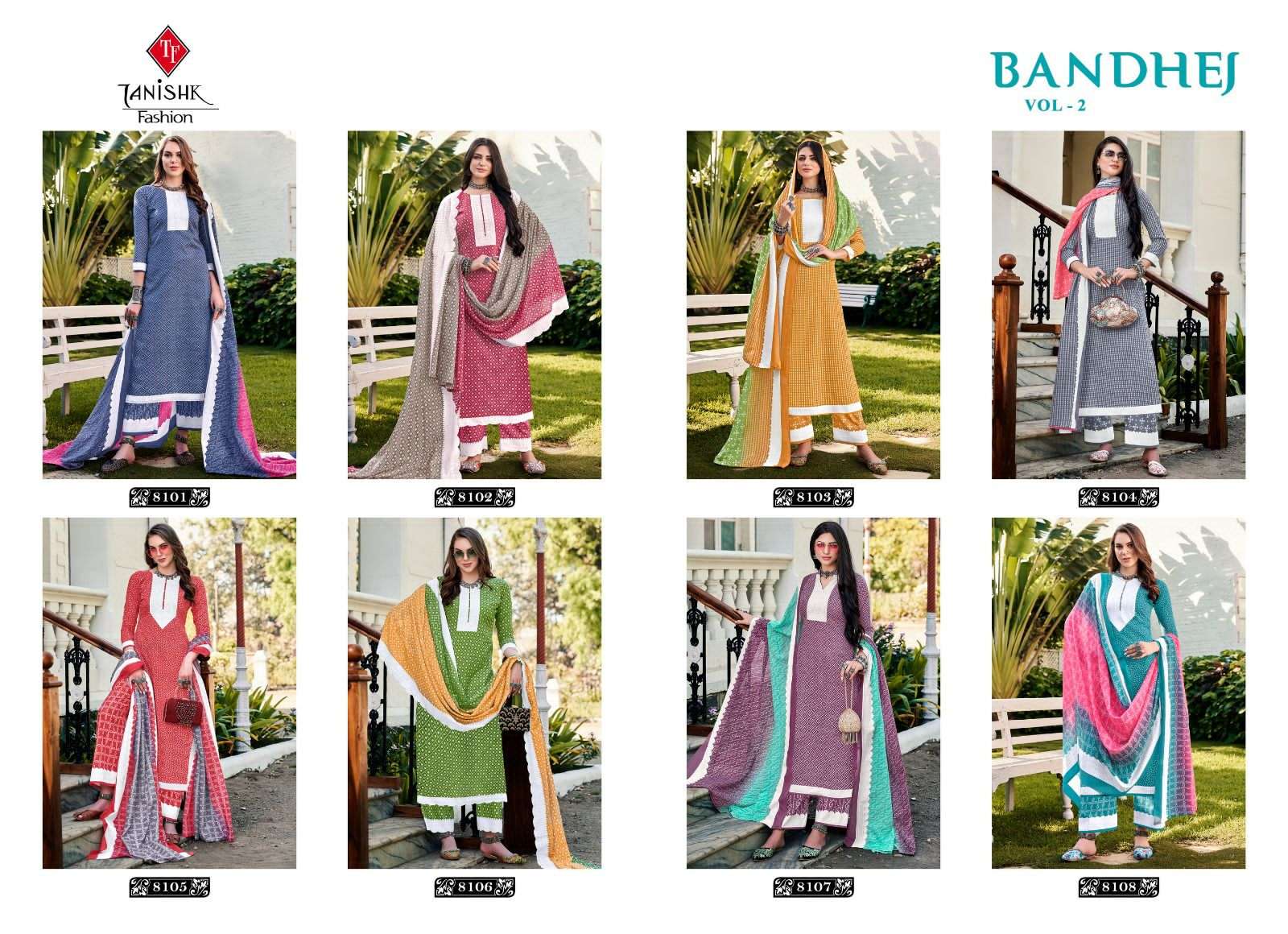 Bandhej Vol-2 By Tanishk Fashion 8101 To 8108 Series Beautiful Suits Colorful Stylish Fancy Casual Wear & Ethnic Wear Cotton Print Dresses At Wholesale Price