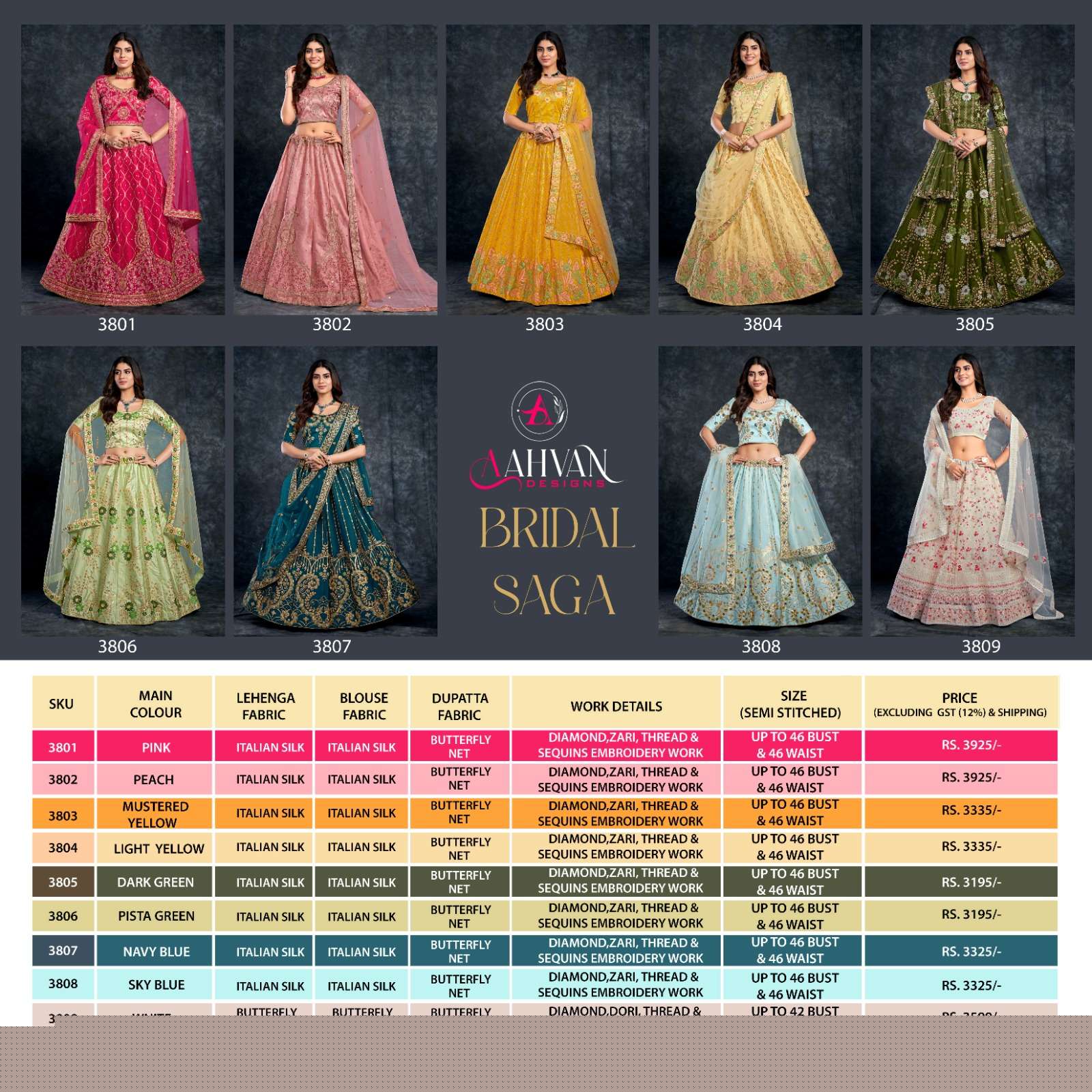 Bridal Saga By Aahvan 3801 To 3809 Series Bridal Wear Collection Beautiful Stylish Colorful Fancy Party Wear & Occasional Wear Silk/Net Lehengas At Wholesale Price