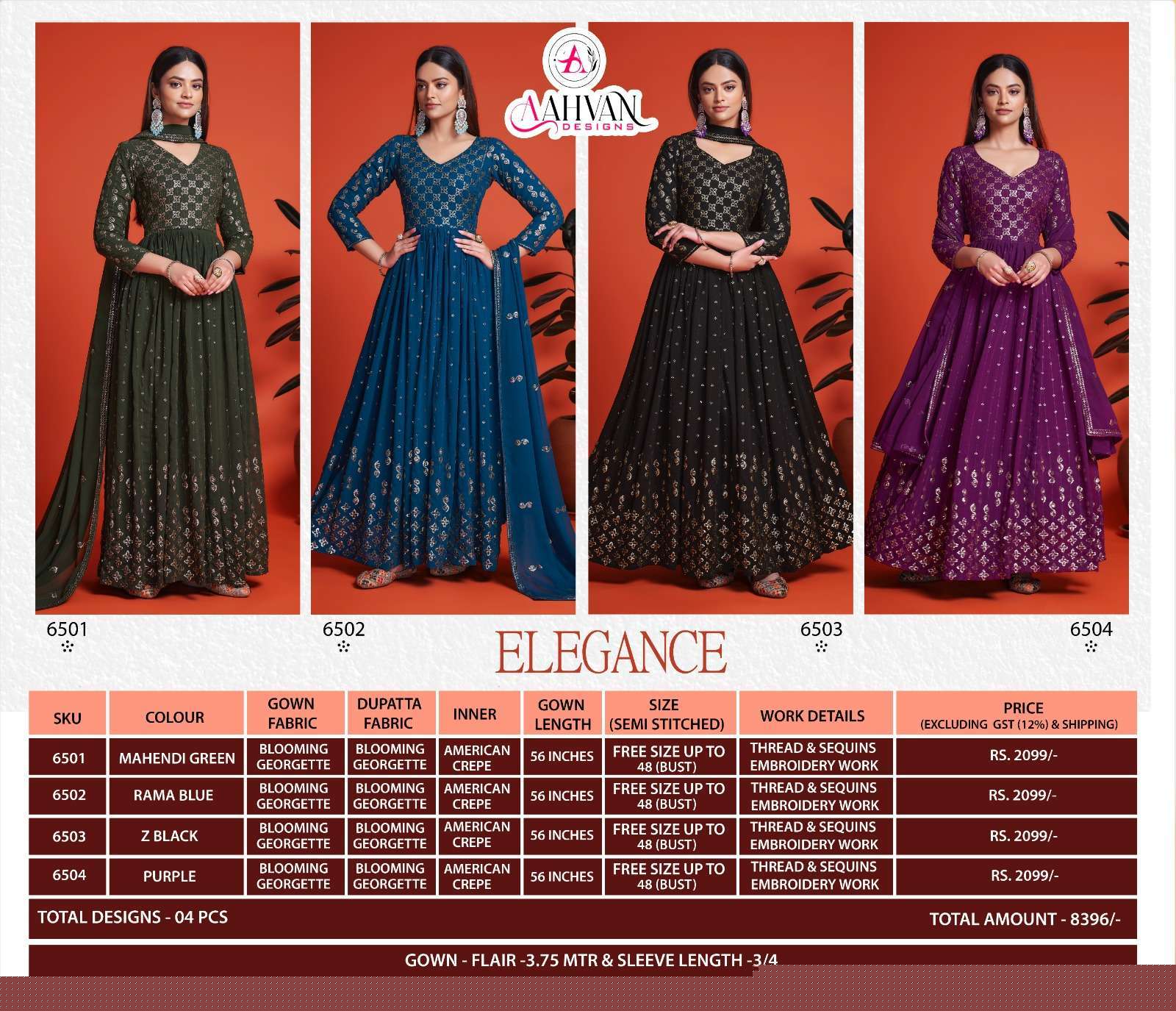 Elegance By Aahvan 6501 To 6504 Series Beautiful Stylish Fancy Colorful Casual Wear & Ethnic Wear Georgette Gowns With Dupatta At Wholesale Price