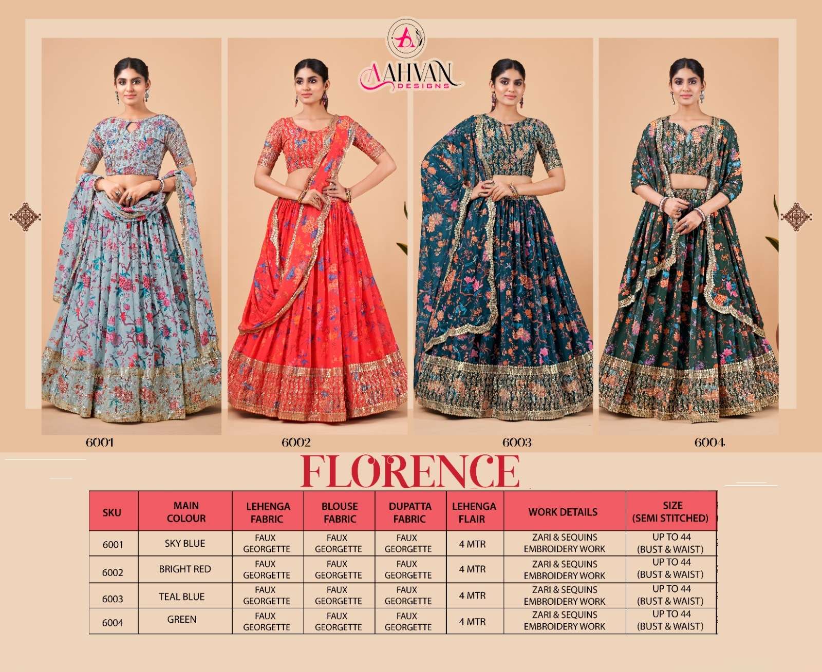 Florence By Aahvan 6001 To 6004 Series Beautiful Festive Collection Occasional Bridal Wear & Party Wear Faux Georgette Lehengas At Wholesale Price