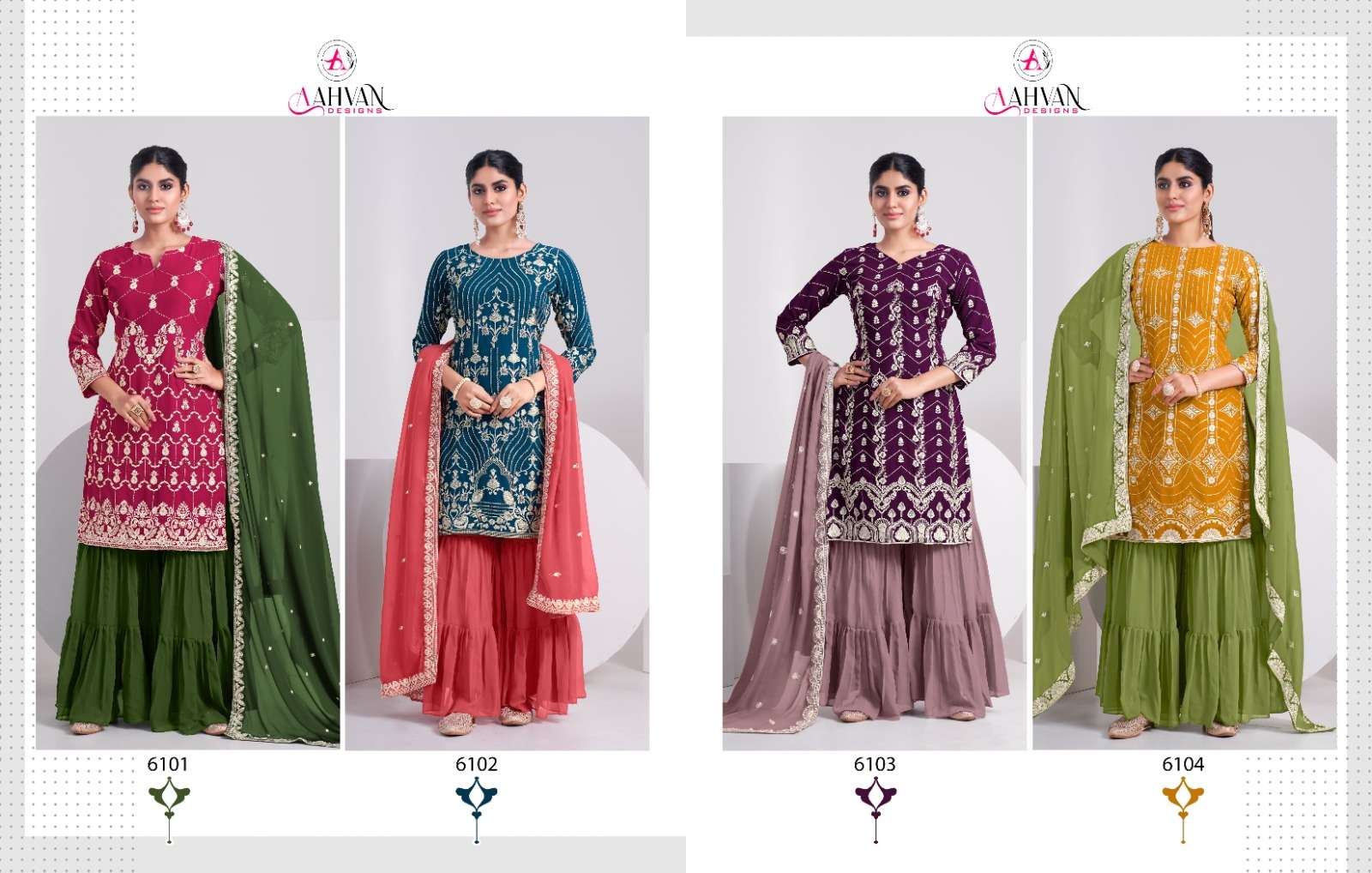 Paradise By Aahvan 6101 To 6104 Series Beautiful Stylish Sharara Suits Fancy Colorful Casual Wear & Ethnic Wear & Ready To Wear Heavy Faux Georgette Dresses At Wholesale Price