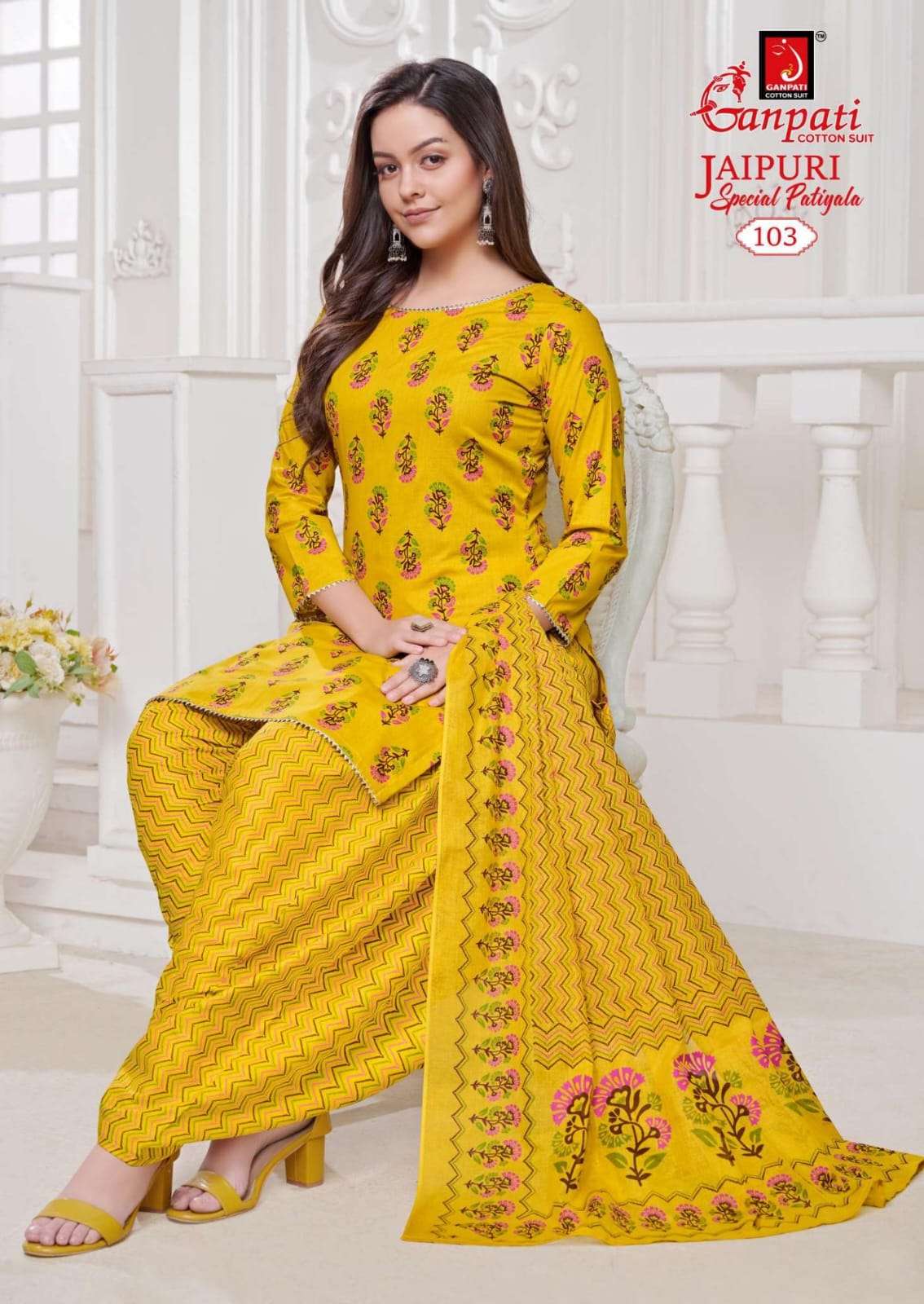 Jaipuri Special By Ganpati Cotton Suits 101 To 115 Series Beautiful Stylish Festive Suits Fancy Colorful Casual Wear & Ethnic Wear & Ready To Wear Cotton Print Dresses At Wholesale Price