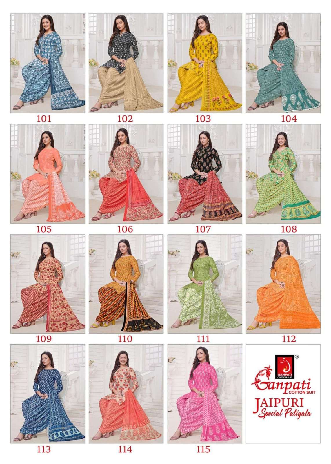 Jaipuri Special By Ganpati Cotton Suits 101 To 115 Series Beautiful Stylish Festive Suits Fancy Colorful Casual Wear & Ethnic Wear & Ready To Wear Cotton Print Dresses At Wholesale Price