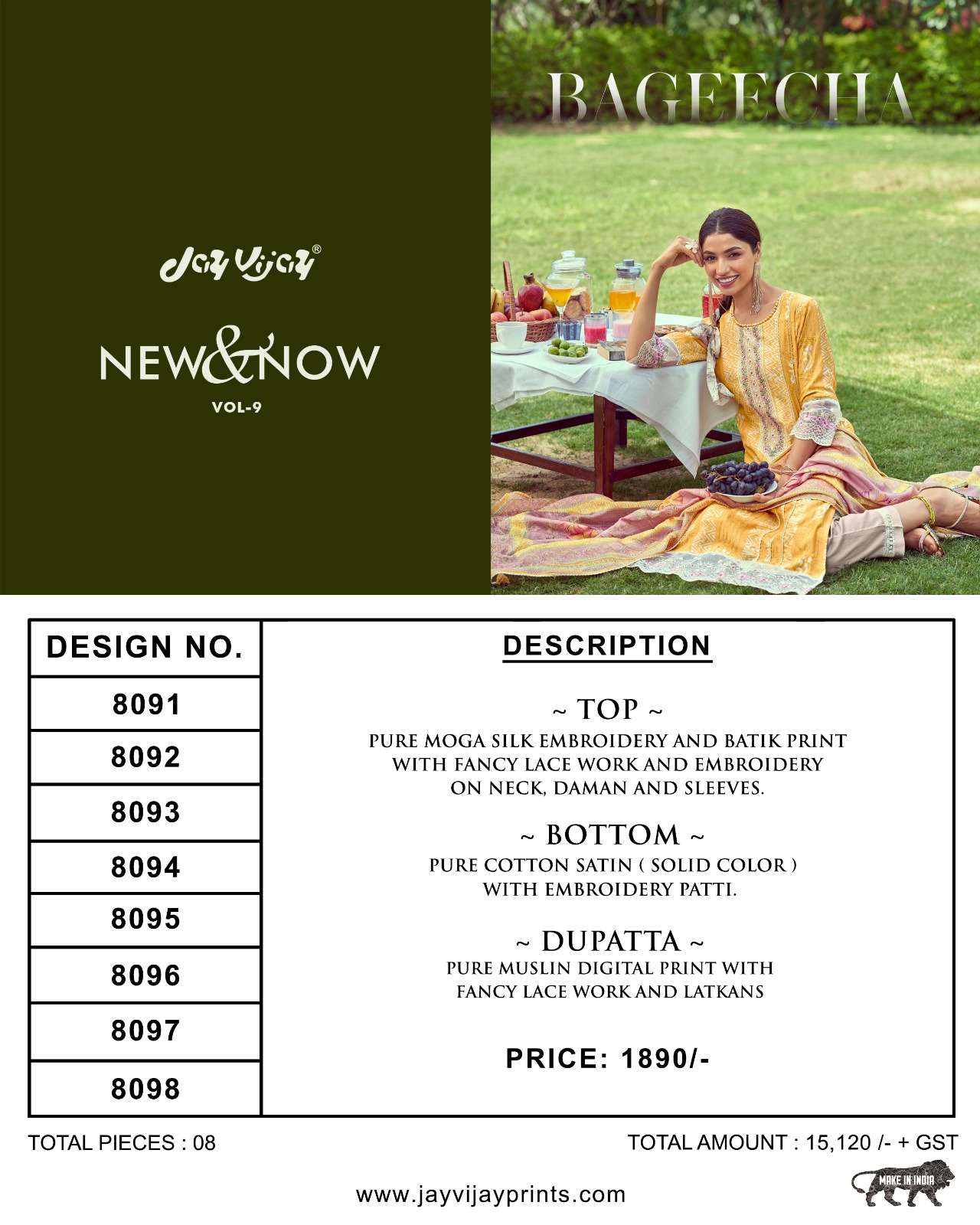 New And Now Vol-9 By Jay Vijay Prints 8091 To 8098 Series Beautiful Suits Colorful Stylish Fancy Casual Wear & Ethnic Wear Pure Silk Embroidered Dresses At Wholesale Price