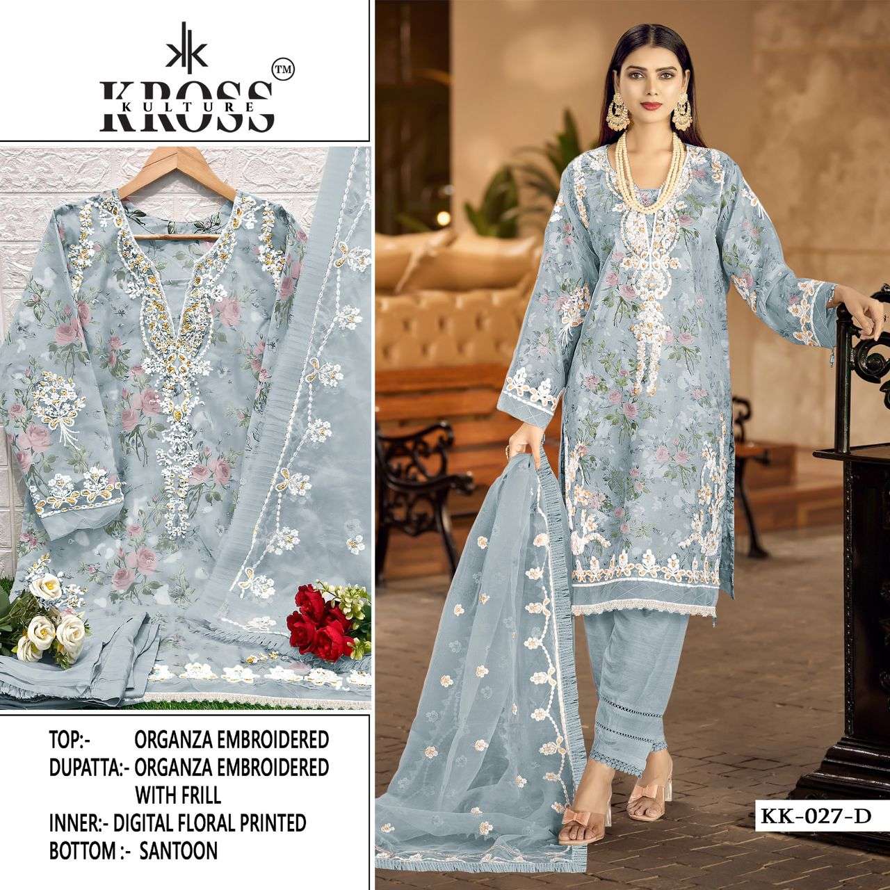 Kross Kulture 027 Colours By Fashid Wholesale 027-A To 027-D Series Beautiful Pakistani Suits Colorful Stylish Fancy Casual Wear & Ethnic Wear Organza Embroidered Dresses At Wholesale Price
