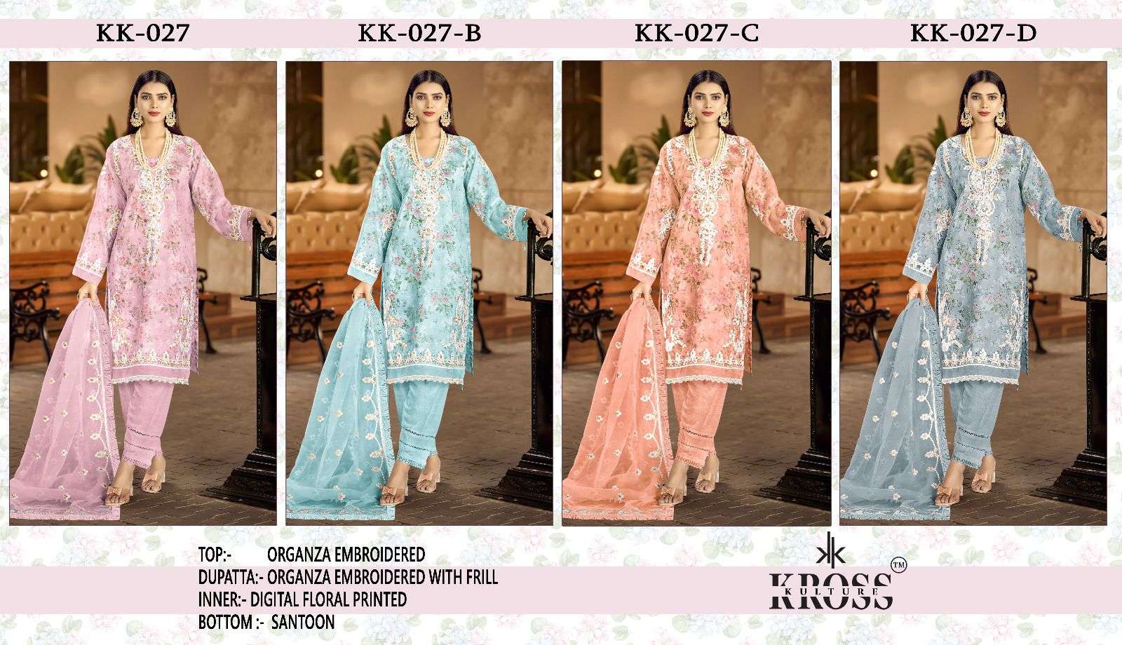Kross Kulture 027 Colours By Fashid Wholesale 027-A To 027-D Series Beautiful Pakistani Suits Colorful Stylish Fancy Casual Wear & Ethnic Wear Organza Embroidered Dresses At Wholesale Price