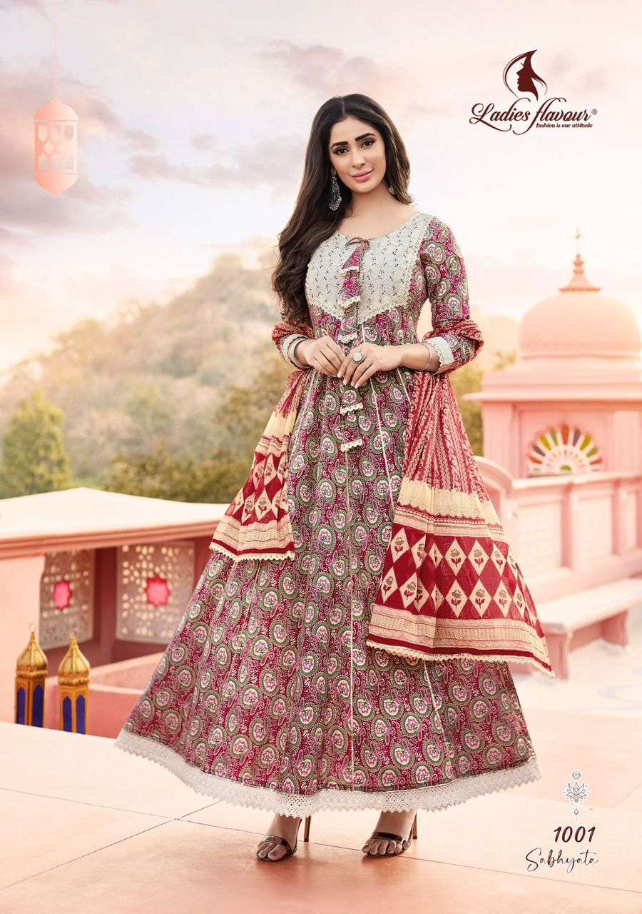 Sabhyata By Ladies Flavour 1001 To 1004 Series Beautiful Stylish Fancy Colorful Casual Wear & Ethnic Wear Pure Cotton Gowns With Dupatta At Wholesale Price