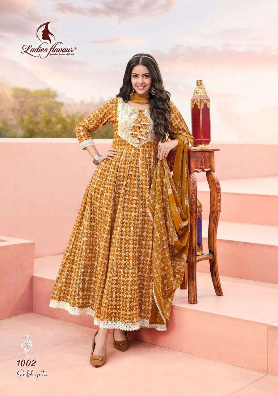 Sabhyata By Ladies Flavour 1001 To 1004 Series Beautiful Stylish Fancy Colorful Casual Wear & Ethnic Wear Pure Cotton Gowns With Dupatta At Wholesale Price