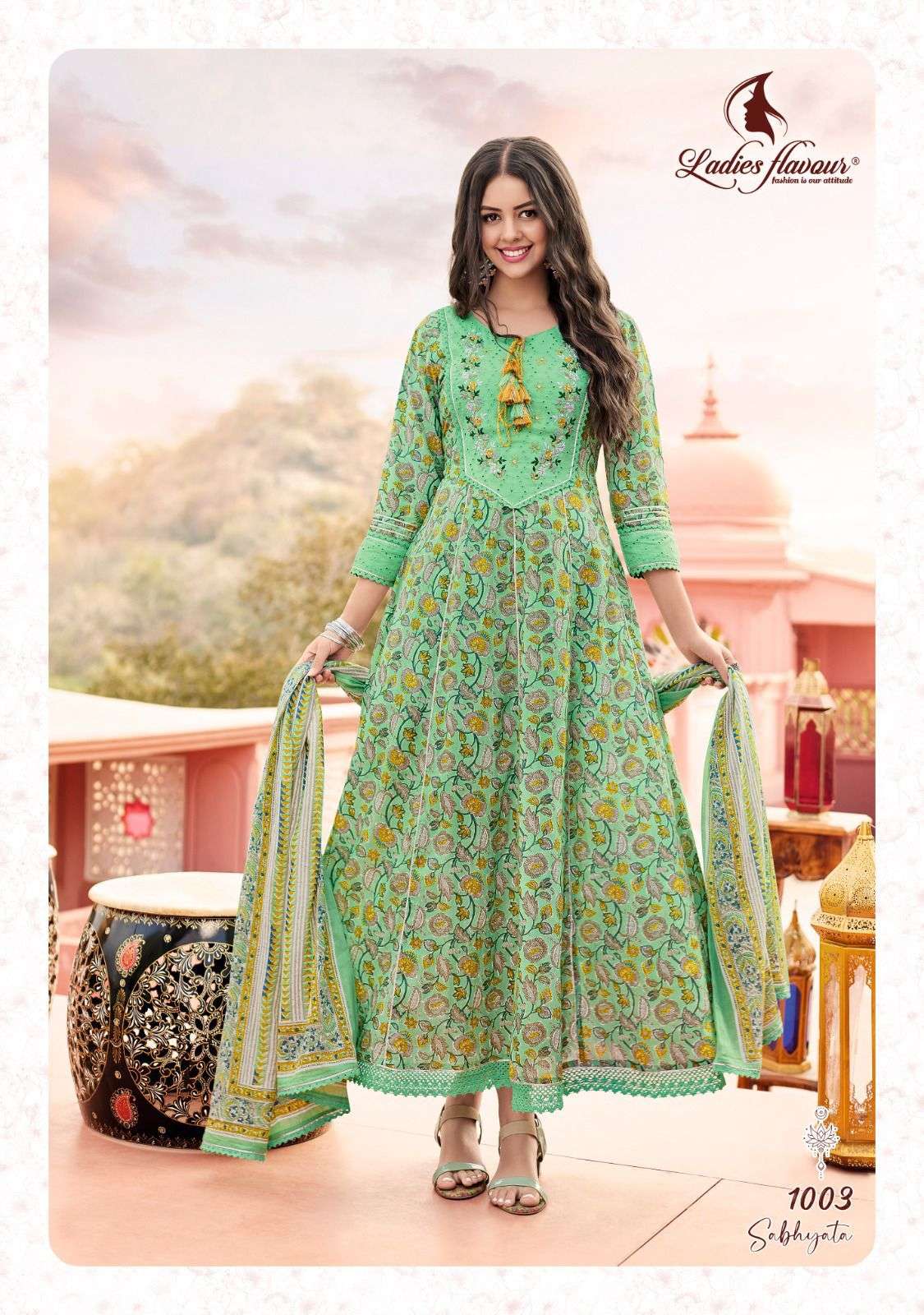 Sabhyata By Ladies Flavour 1001 To 1004 Series Beautiful Stylish Fancy Colorful Casual Wear & Ethnic Wear Pure Cotton Gowns With Dupatta At Wholesale Price