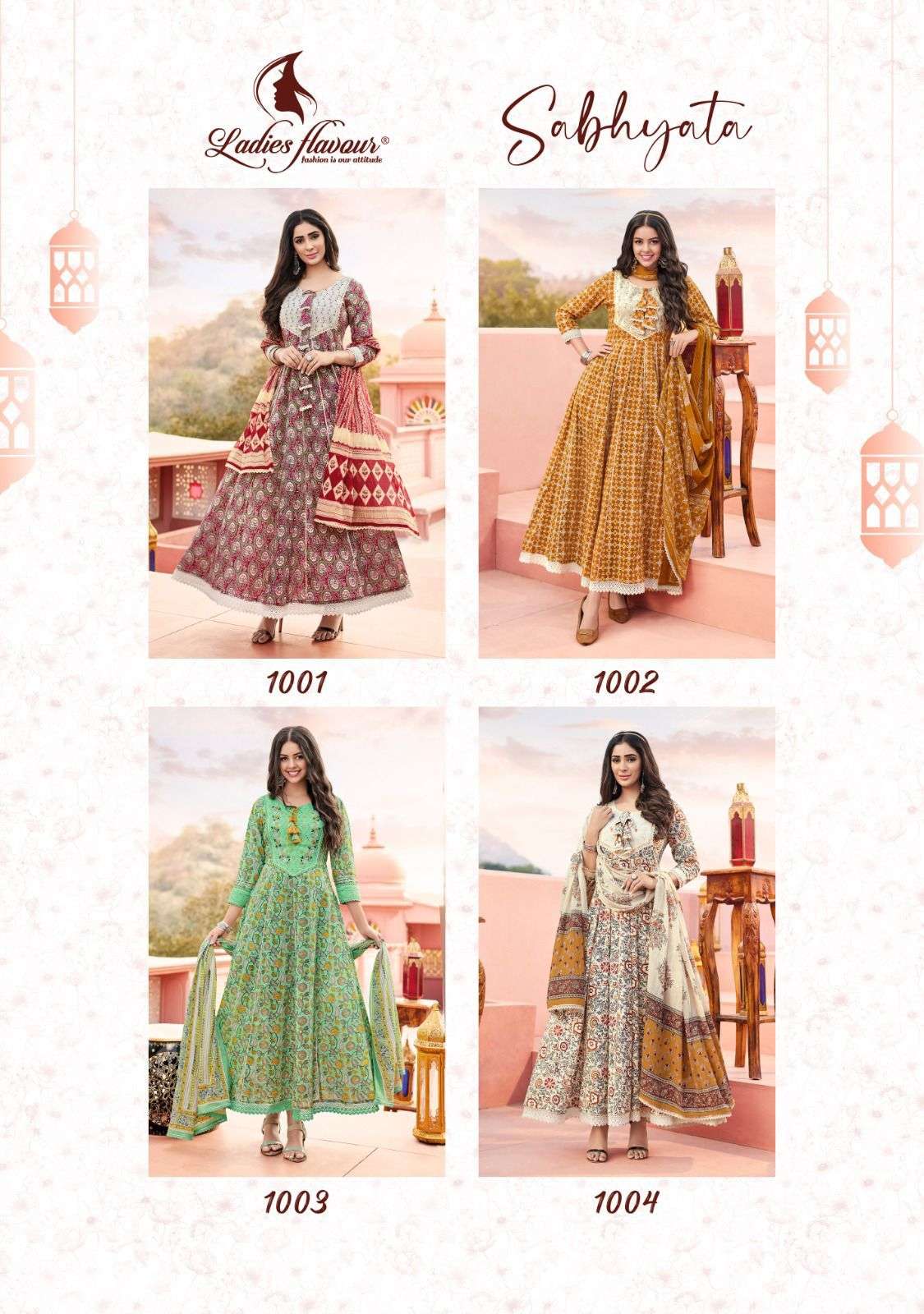 Sabhyata By Ladies Flavour 1001 To 1004 Series Beautiful Stylish Fancy Colorful Casual Wear & Ethnic Wear Pure Cotton Gowns With Dupatta At Wholesale Price