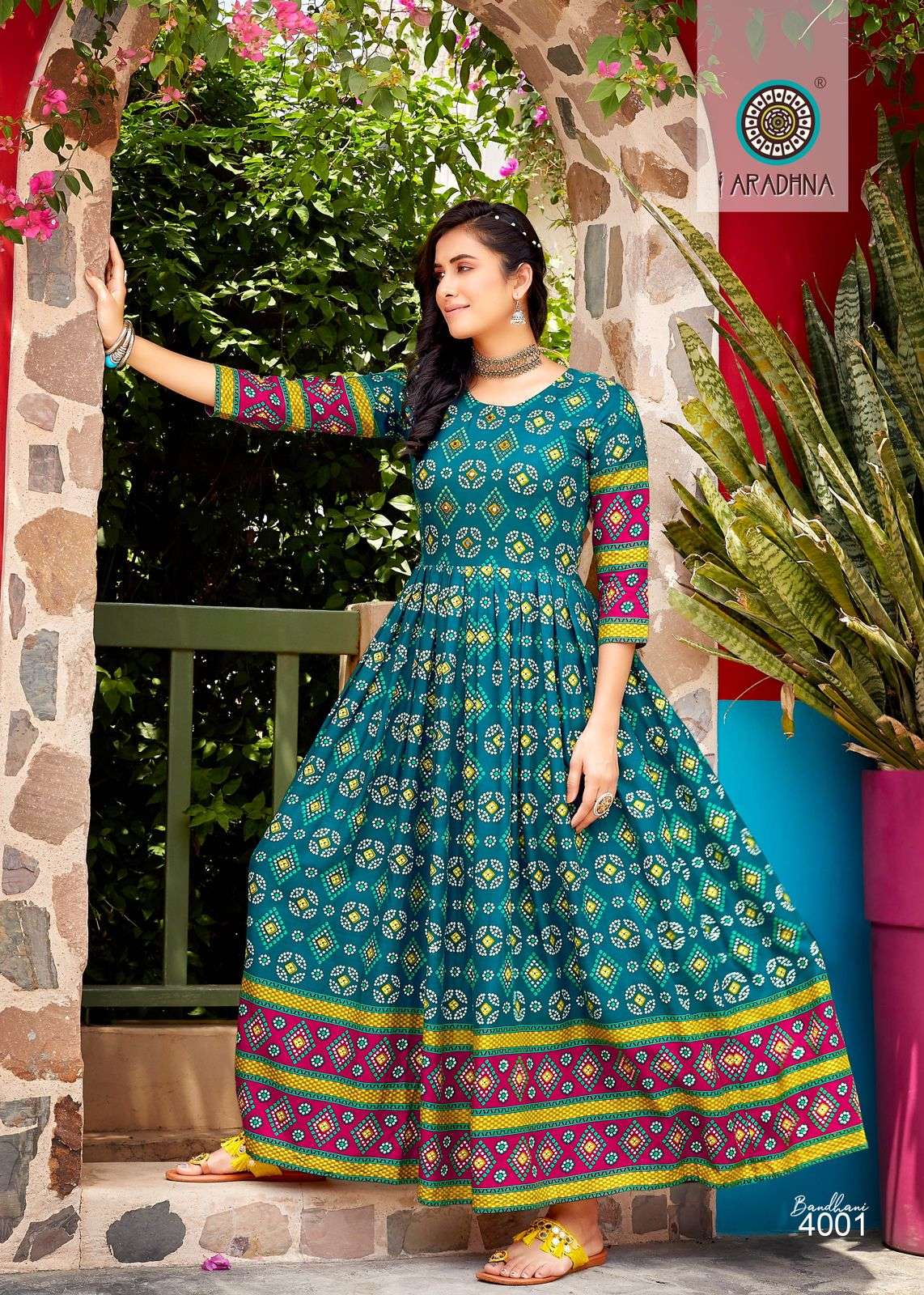 Bandhani Vol-4 By Aradhna Fashion 4001 To 4012 Series Beautiful Stylish Fancy Colorful Casual Wear & Ethnic Wear Rayon Print Gowns At Wholesale Price