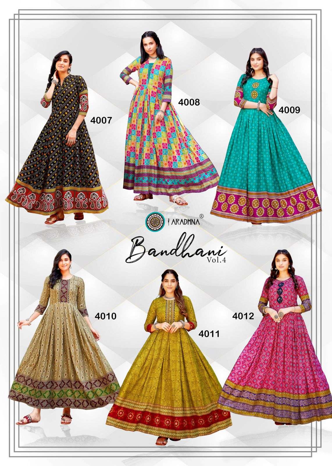 Bandhani Vol-4 By Aradhna Fashion 4001 To 4012 Series Beautiful Stylish Fancy Colorful Casual Wear & Ethnic Wear Rayon Print Gowns At Wholesale Price