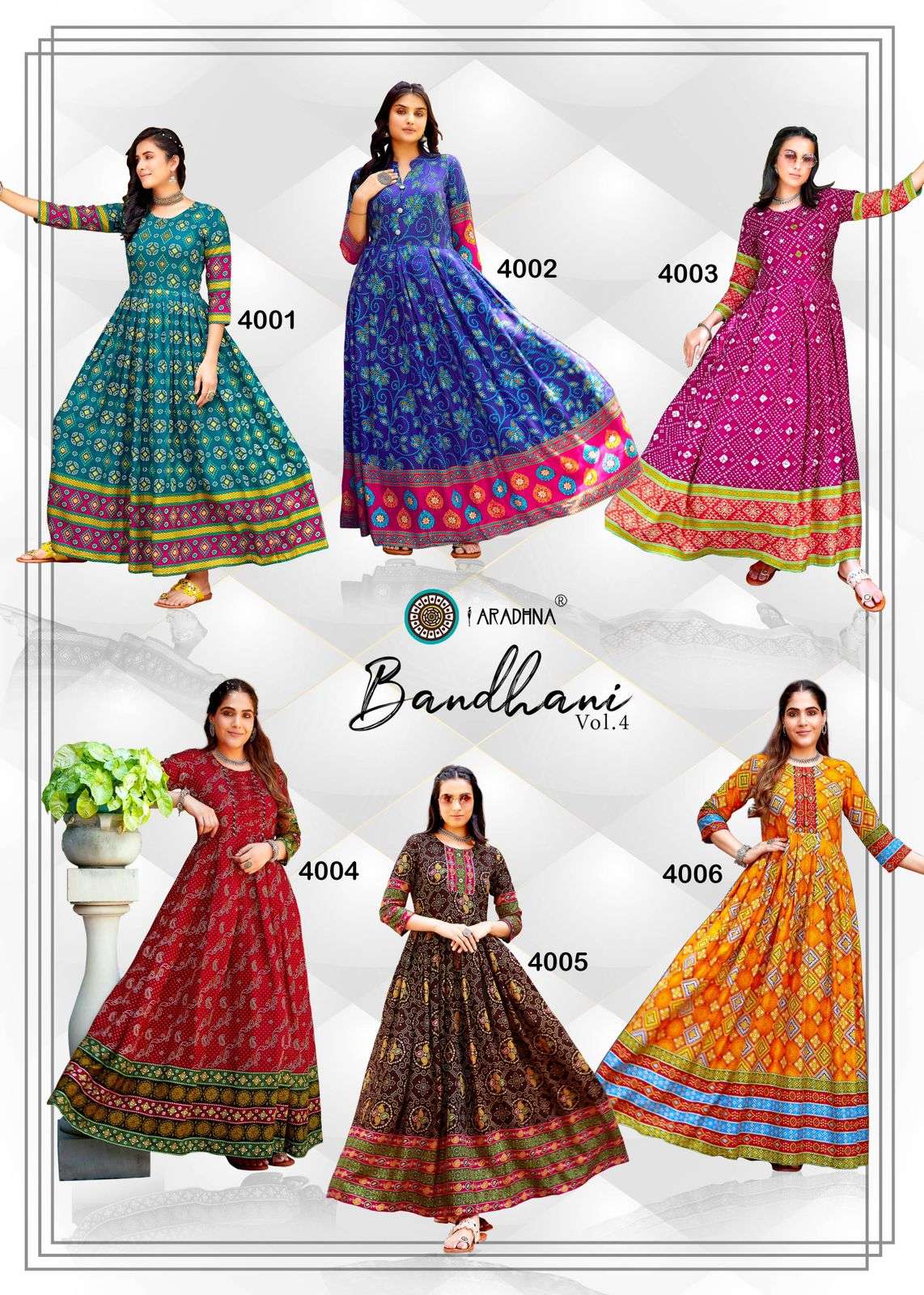 Bandhani Vol-4 By Aradhna Fashion 4001 To 4012 Series Beautiful Stylish Fancy Colorful Casual Wear & Ethnic Wear Rayon Print Gowns At Wholesale Price