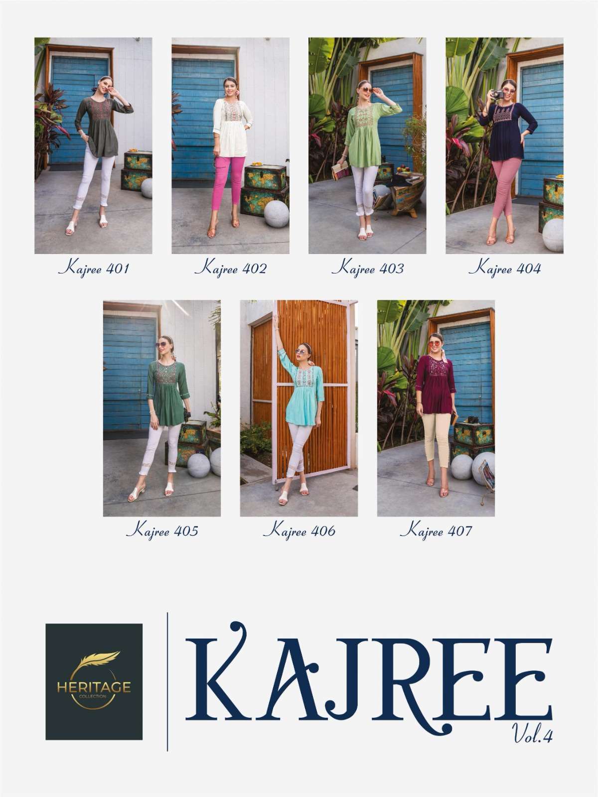 Kajree Vol-4 By Heritage 401 To 407 Series Beautiful Stylish Fancy Colorful Casual Wear & Ethnic Wear Rayon Slub Tops At Wholesale Price