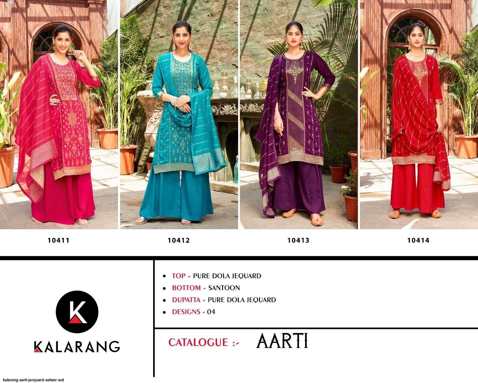 Aarti By Kalarang 10411 To 10414 Series Beautiful Stylish Sharara Suits Fancy Colorful Casual Wear & Ethnic Wear & Ready To Wear Pure Dola Jacquard Dresses At Wholesale Price