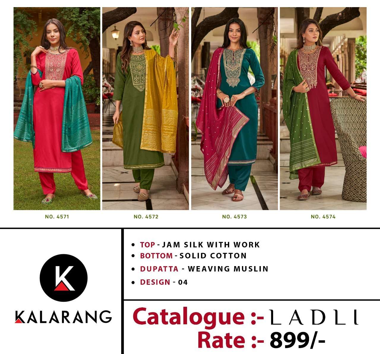 Ladli By Kalarang 4571 To 4574 Series Beautiful Stylish Suits Fancy Colorful Casual Wear & Ethnic Wear & Ready To Wear Jam Silk Dresses At Wholesale Price