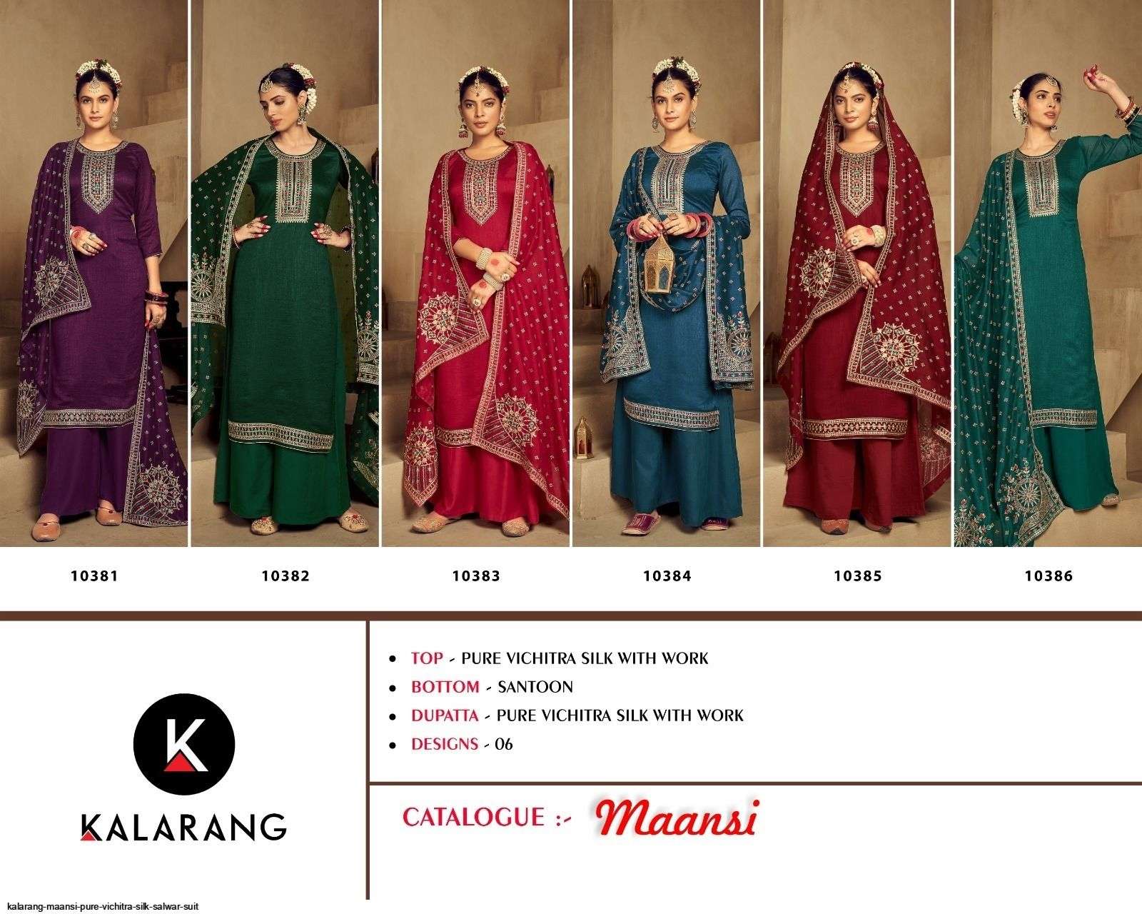 Maansi By Kalarang 10381 To 10386 Series Beautiful Stylish Suits Fancy Colorful Casual Wear & Ethnic Wear & Ready To Wear Pure Vichitra Silk Dresses At Wholesale Price
