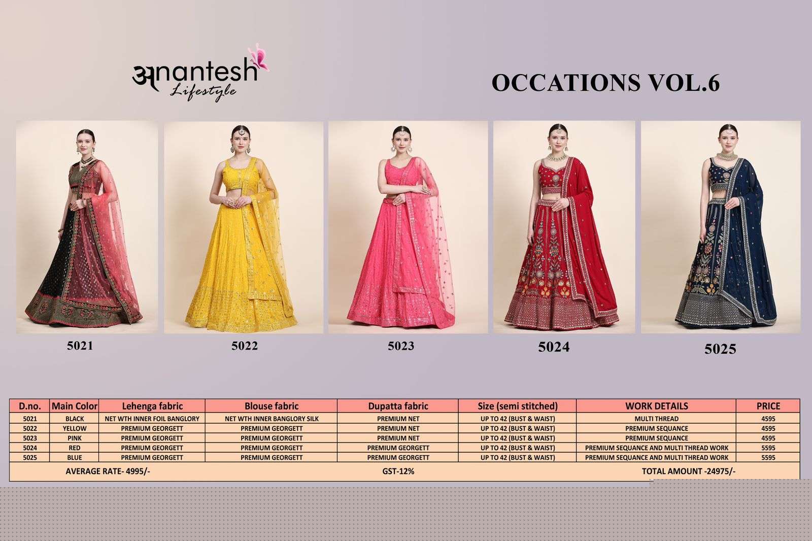 Occations Vol-6 By Anantesh 5021 To 5025 Series Bridal Wear Collection Beautiful Stylish Colorful Fancy Party Wear & Occasional Wear Net/Premium Georgette Lehengas At Wholesale Price