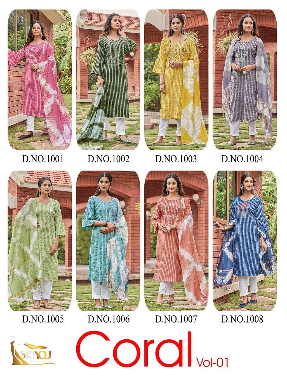 Coral Vol-1 By V4You 1001 To 1008 Series Beautiful Festive Suits Colorful Stylish Fancy Casual Wear & Ethnic Wear Viscose Rayon With Work Dresses At Wholesale Price