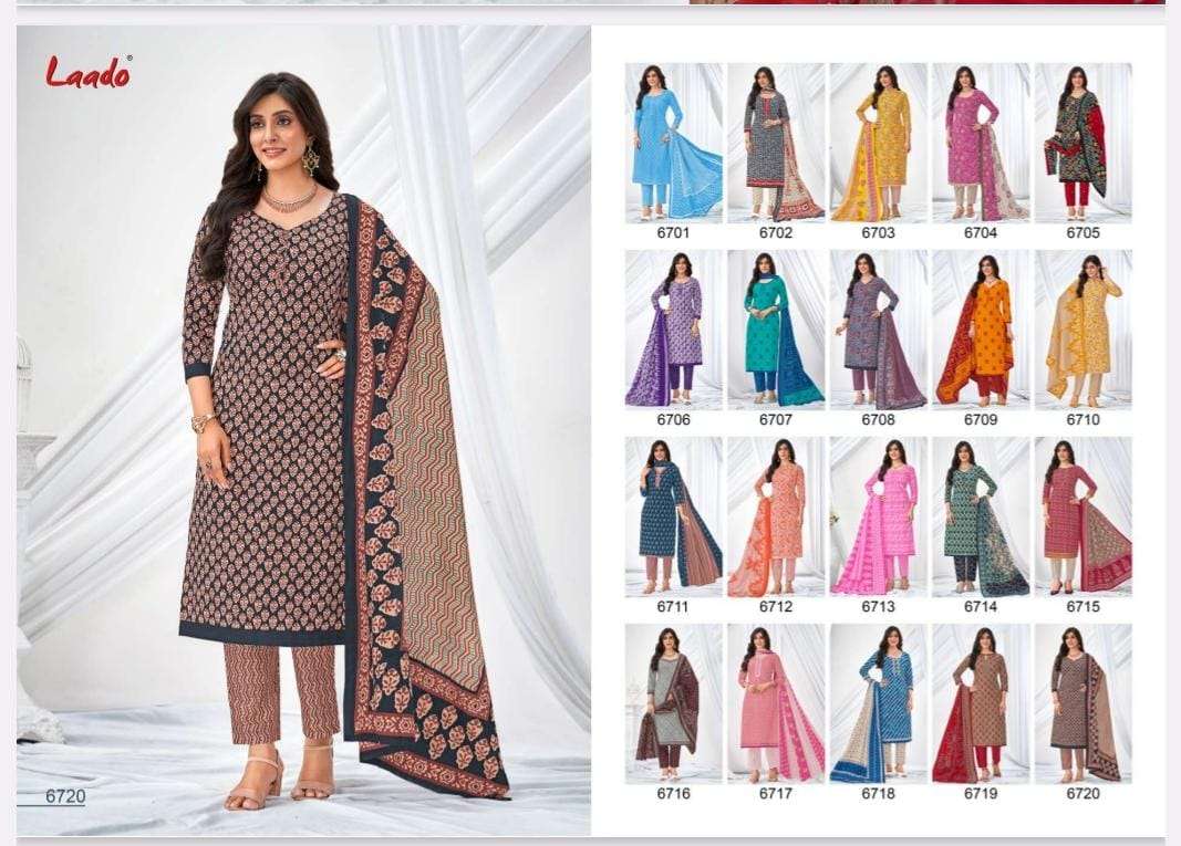 Laado Vol-67 By Laado 6701 To 6720 Series Beautiful Suits Colorful Stylish Fancy Casual Wear & Ethnic Wear Pure Cotton Dresses At Wholesale Price