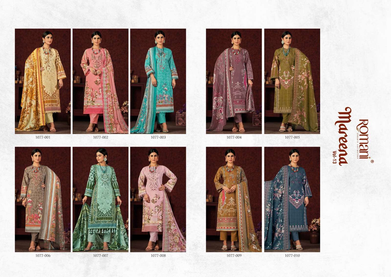 Mareena Vol-13 By Romani 1077-001 To 1077-010 Series Beautiful Stylish Festive Suits Fancy Colorful Casual Wear & Ethnic Wear & Ready To Wear Pure Soft Cotton With Embroidery Dresses At Wholesale Price