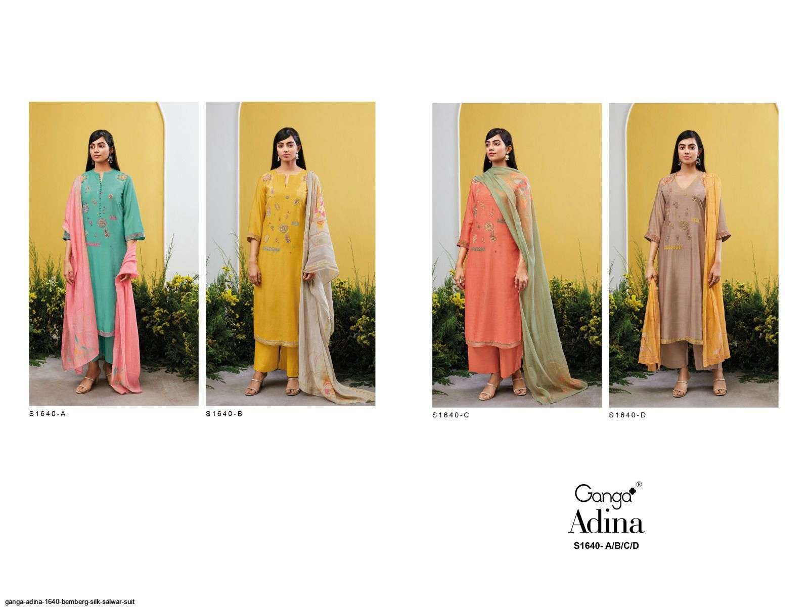 Adina-1640 By Ganga Fashion 1640-A To 1640-D Series Beautiful Suits Colorful Stylish Fancy Casual Wear & Ethnic Wear Bemberg Silk Dresses At Wholesale Price