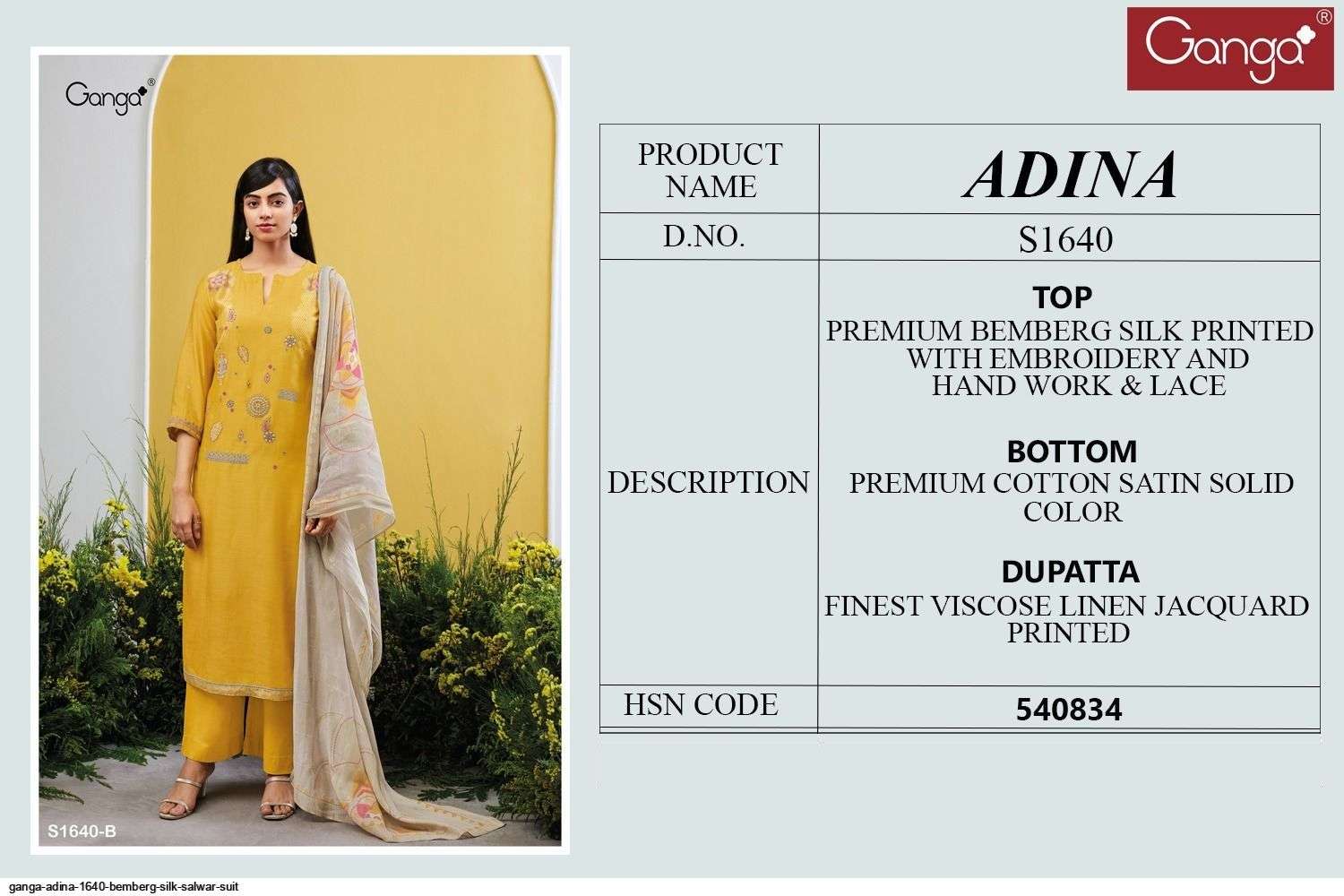 Adina-1640 By Ganga Fashion 1640-A To 1640-D Series Beautiful Suits Colorful Stylish Fancy Casual Wear & Ethnic Wear Bemberg Silk Dresses At Wholesale Price