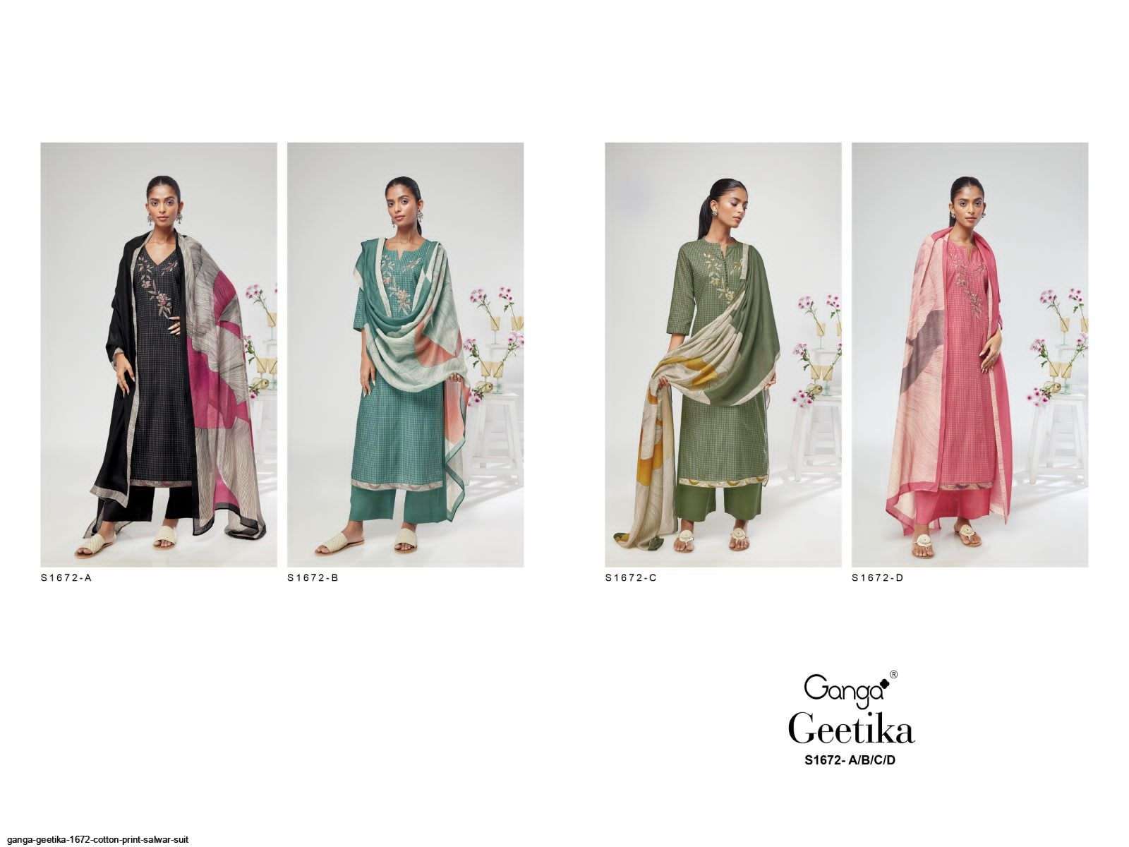 Geetika-1672 By Ganga Fashion 1672-A To 1672-D Series Beautiful Suits Colorful Stylish Fancy Casual Wear & Ethnic Wear Premium Cotton Dresses At Wholesale Price