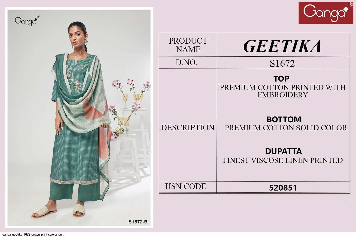 Geetika-1672 By Ganga Fashion 1672-A To 1672-D Series Beautiful Suits Colorful Stylish Fancy Casual Wear & Ethnic Wear Premium Cotton Dresses At Wholesale Price