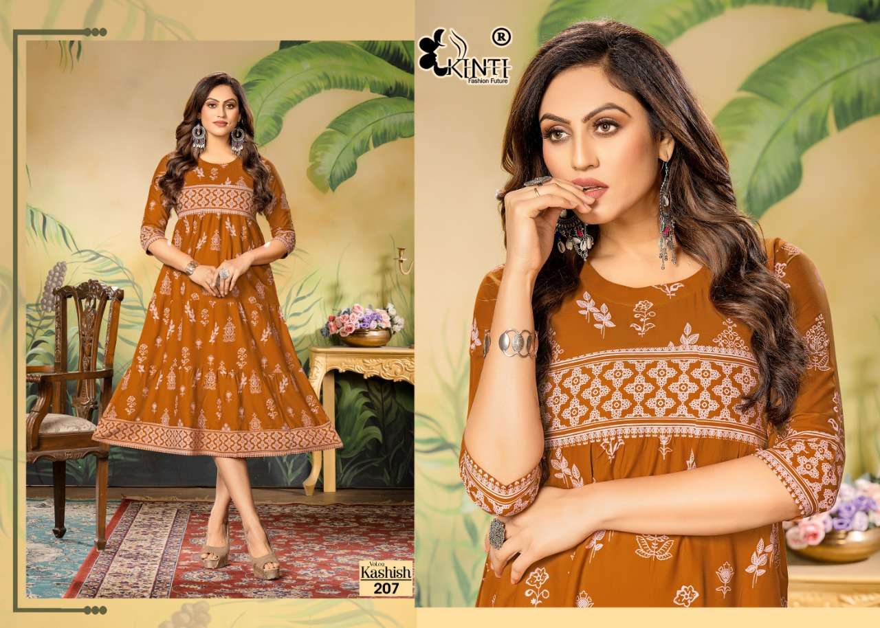 Kashish Vol-2 By Kinti 201 To 208 Series Beautiful Stylish Fancy Colorful Casual Wear & Ethnic Wear Rayon Print Kurtis At Wholesale Price