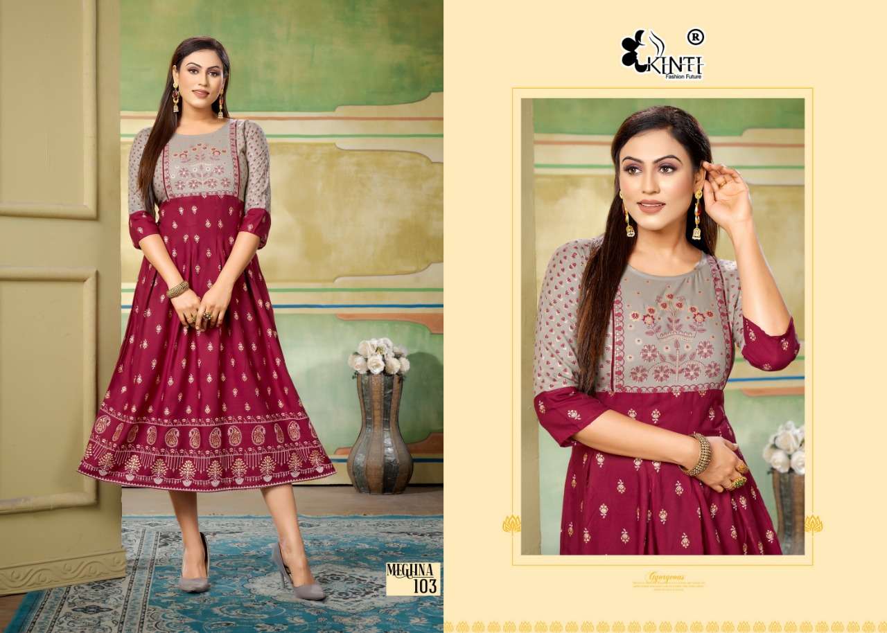Meghna By Kinti 101 To 108 Series Designer Stylish Fancy Colorful Beautiful Party Wear & Ethnic Wear Collection Heavy Rayon Print Kurtis At Wholesale Price