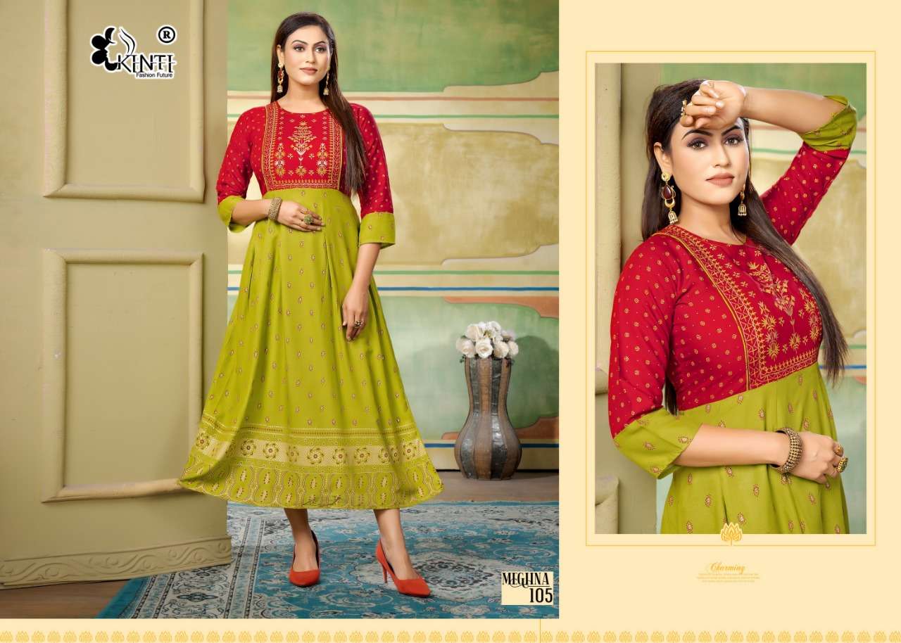 Meghna By Kinti 101 To 108 Series Designer Stylish Fancy Colorful Beautiful Party Wear & Ethnic Wear Collection Heavy Rayon Print Kurtis At Wholesale Price