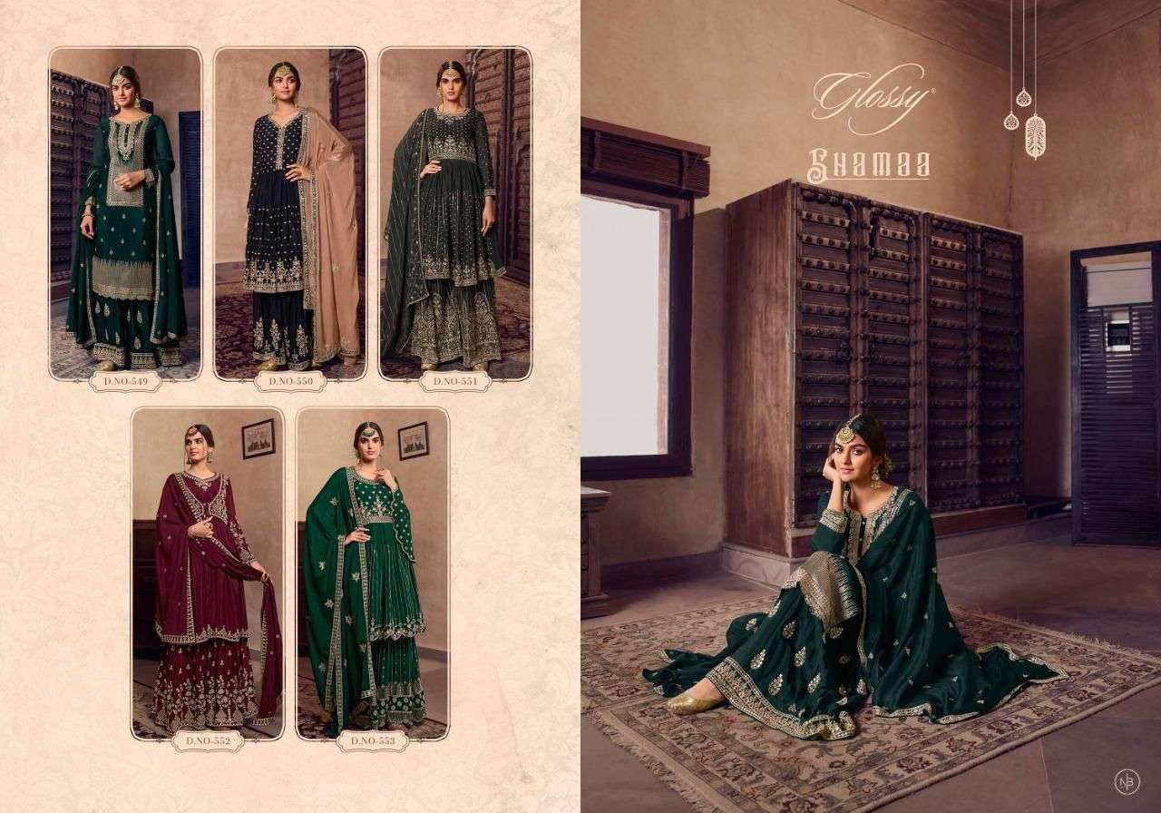 Shamaa By Glossy 449 To 453 Series Designer Sharara Suits Collection Beautiful Stylish Colorful Fancy Party Wear & Occasional Wear Pure Chinnon Dresses At Wholesale Price