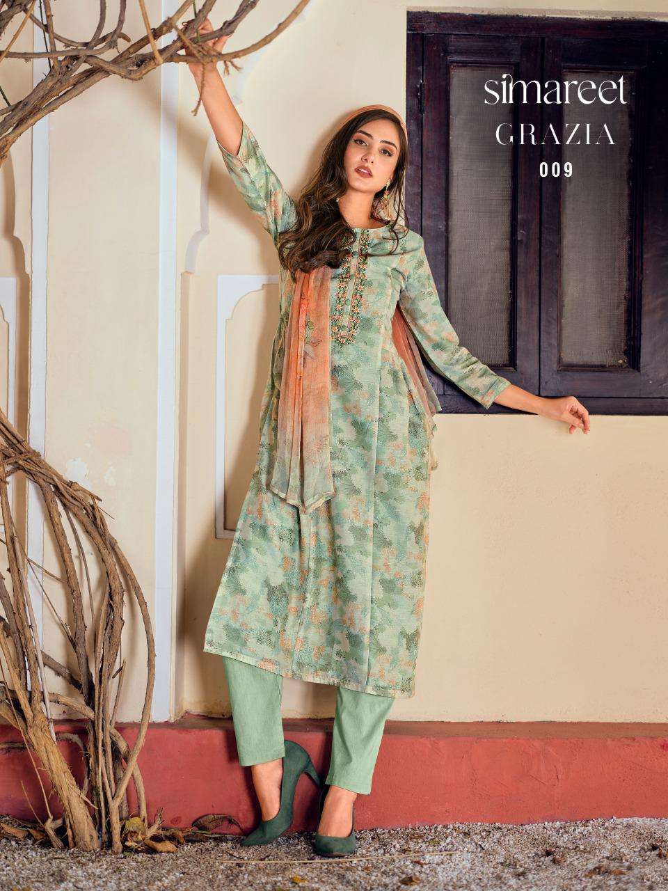 Grazia By Simareet 009 To 014 Series Designer Festive Suits Collection Beautiful Stylish Colorful Fancy Party Wear & Occasional Wear Muslin Digital Print Dresses At Wholesale Price