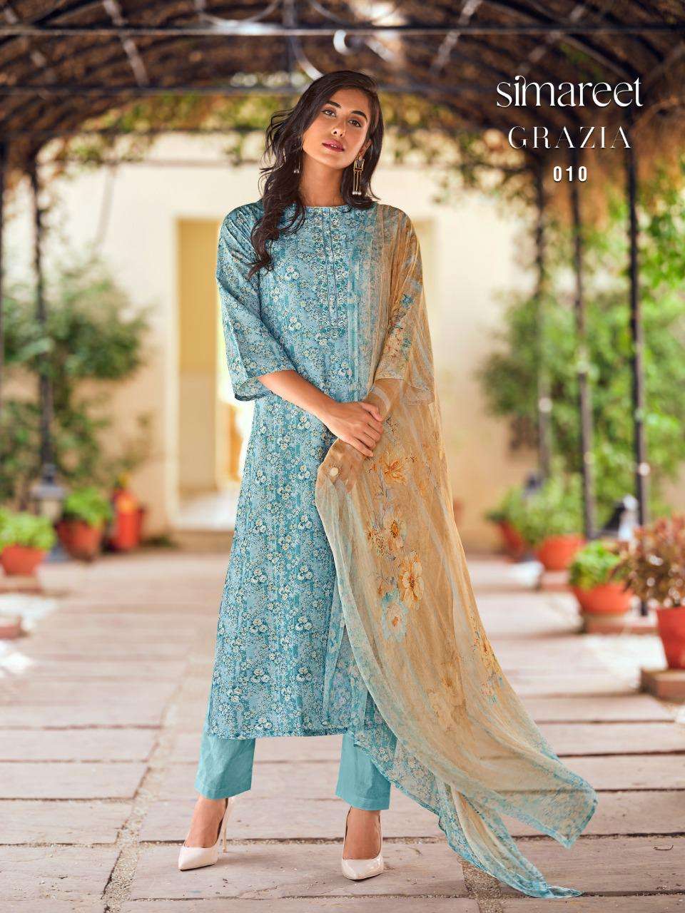 Grazia By Simareet 009 To 014 Series Designer Festive Suits Collection Beautiful Stylish Colorful Fancy Party Wear & Occasional Wear Muslin Digital Print Dresses At Wholesale Price